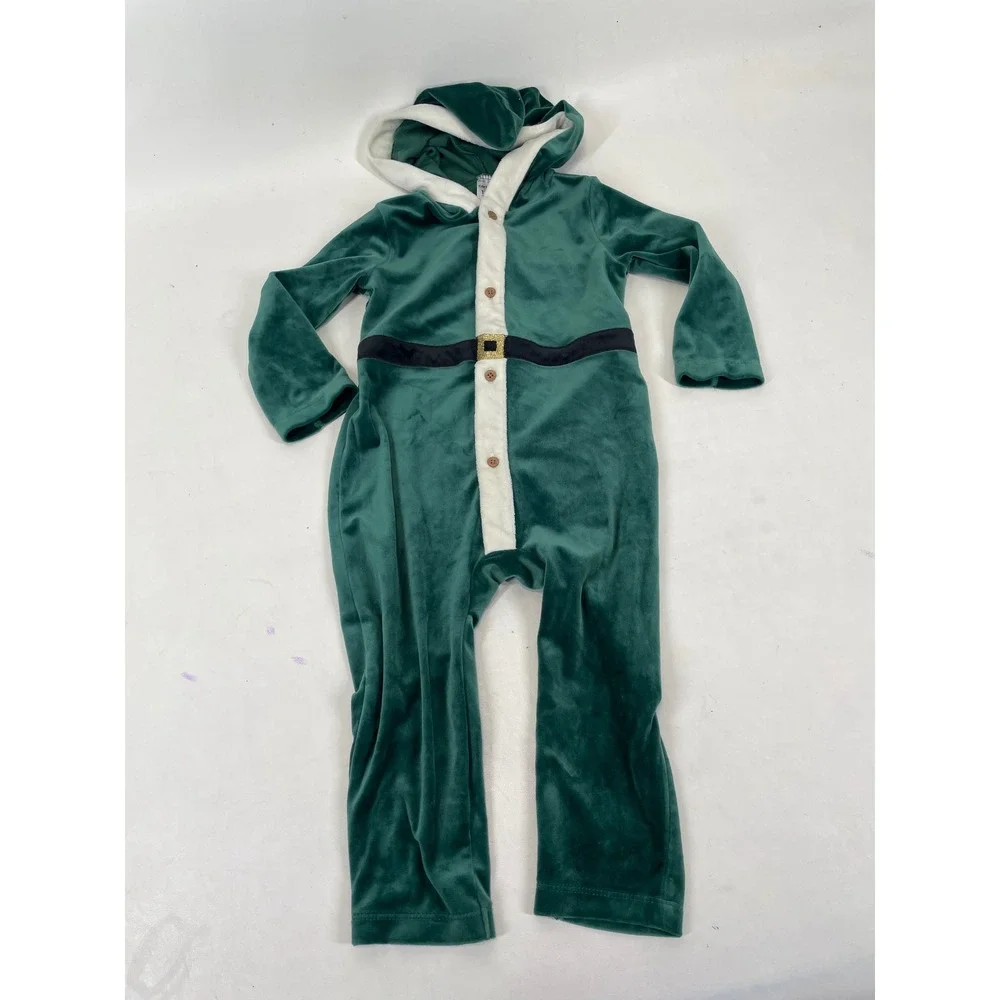 Carter's Green Velvet Holiday Elf Hooded Romper 18M Christmas Santa Helper
